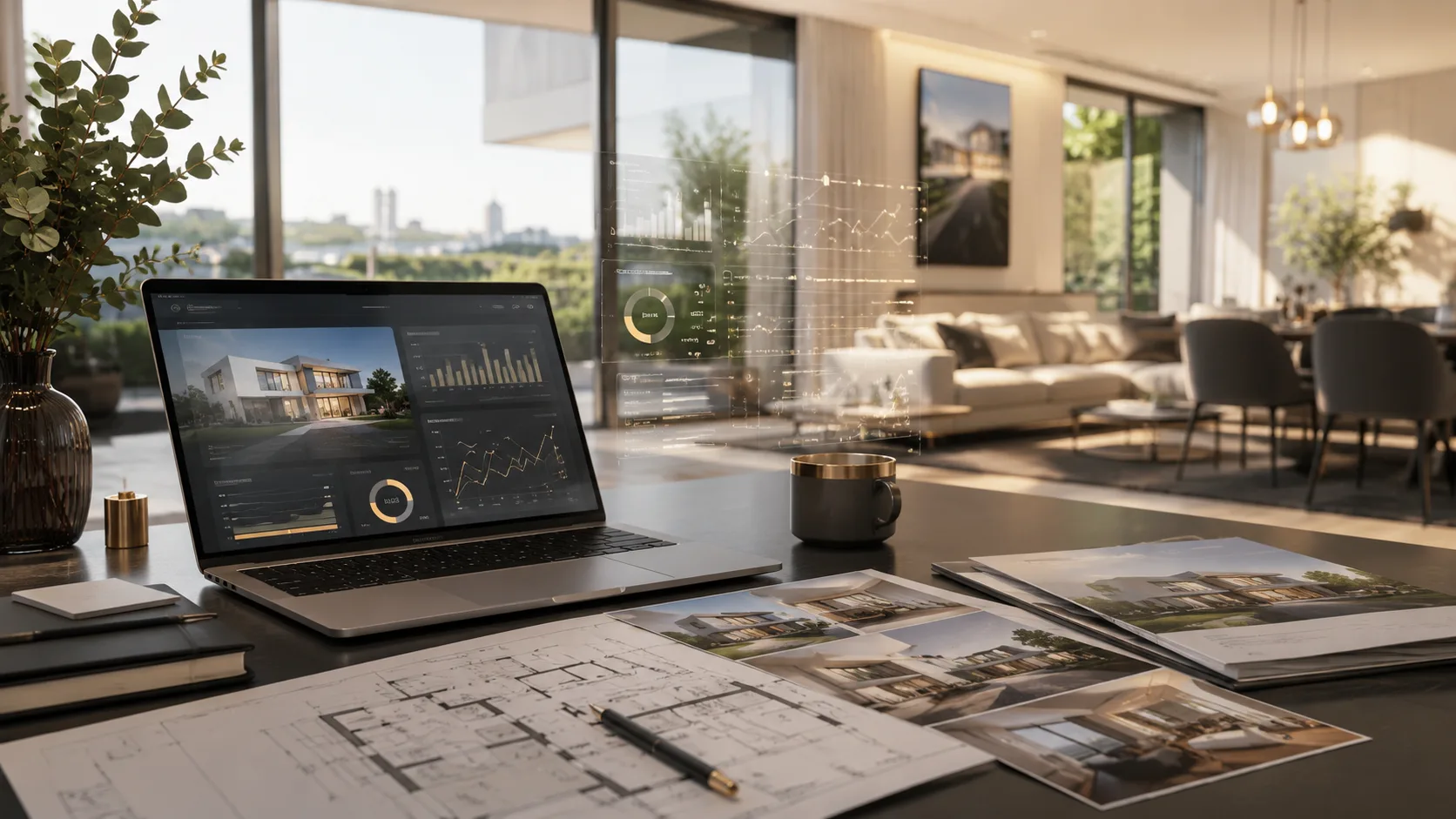 Moderner Maklerarbeitsplatz mit KI-gestütztem Immobilienmarketing-Dashboard