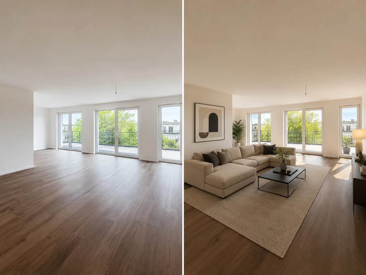 Vorher-Nachher-Beispiel für virtuelles Home Staging einer Immobilie