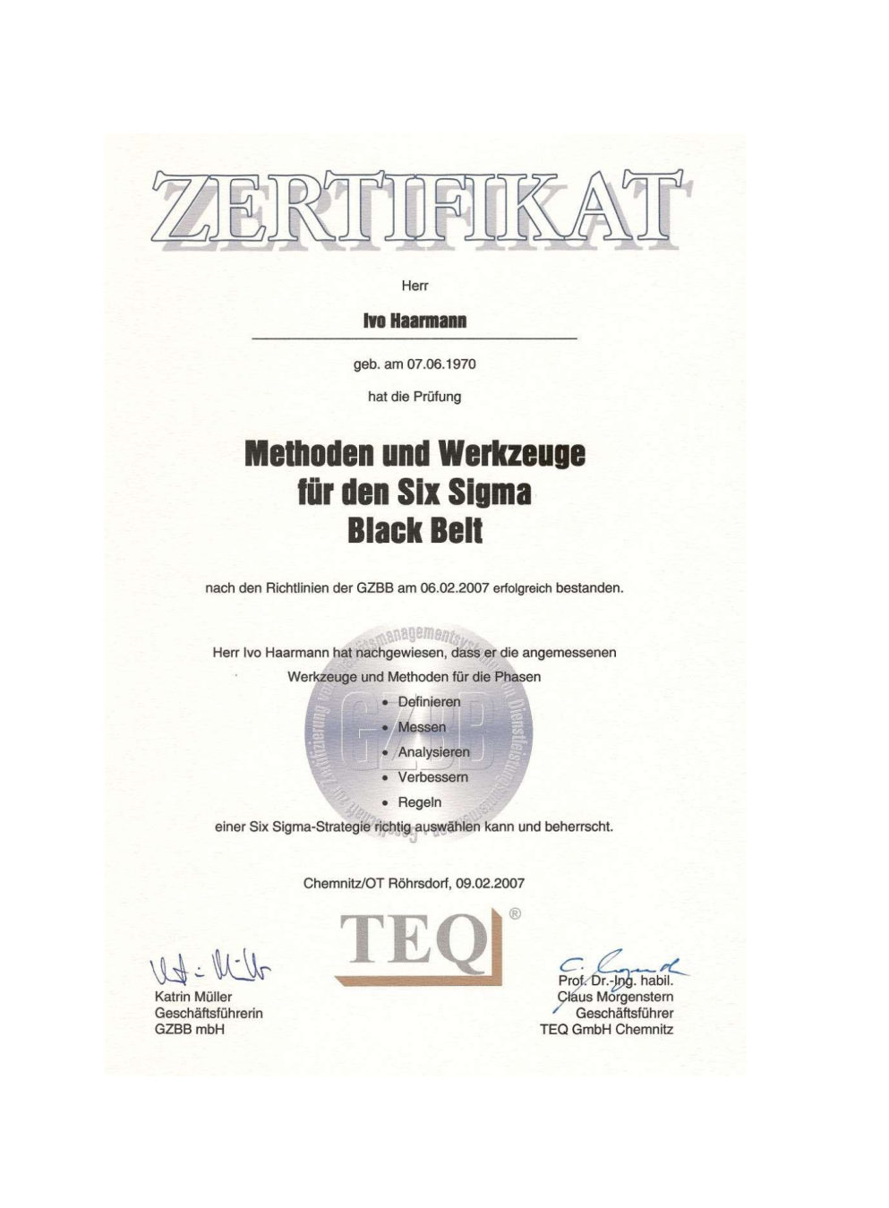 Zertifikat: Six Sigma Black Belt