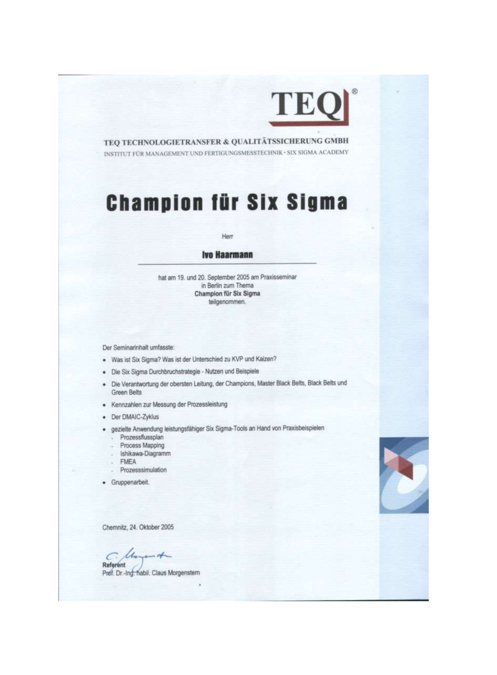 Zertifikat: Six Sigma Champion